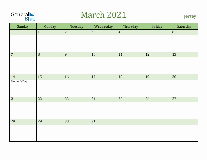 March 2021 Calendar with Jersey Holidays