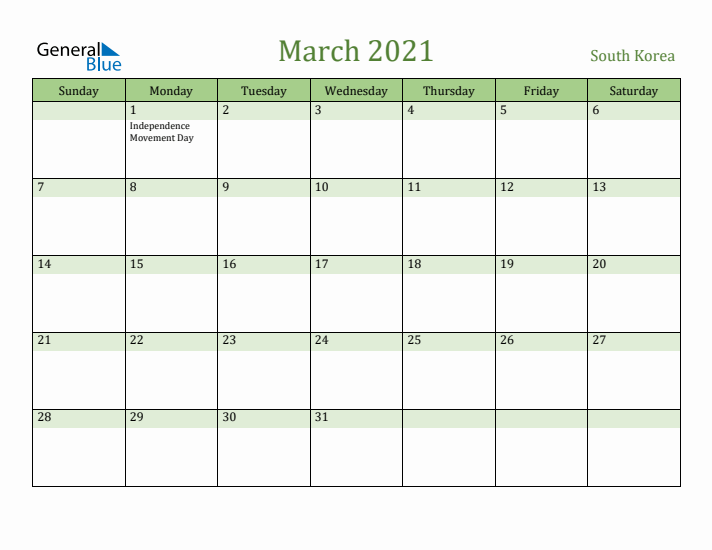 March 2021 Calendar with South Korea Holidays