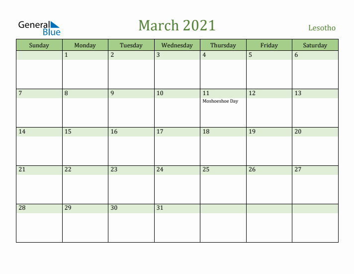 March 2021 Calendar with Lesotho Holidays