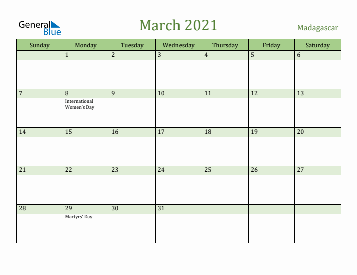 March 2021 Calendar with Madagascar Holidays