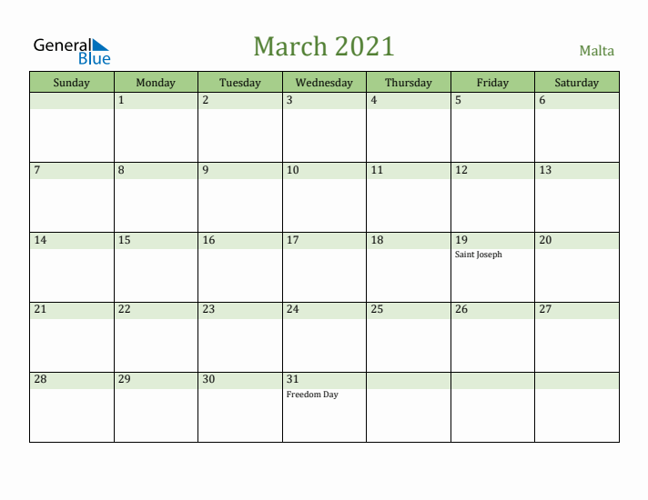 March 2021 Calendar with Malta Holidays