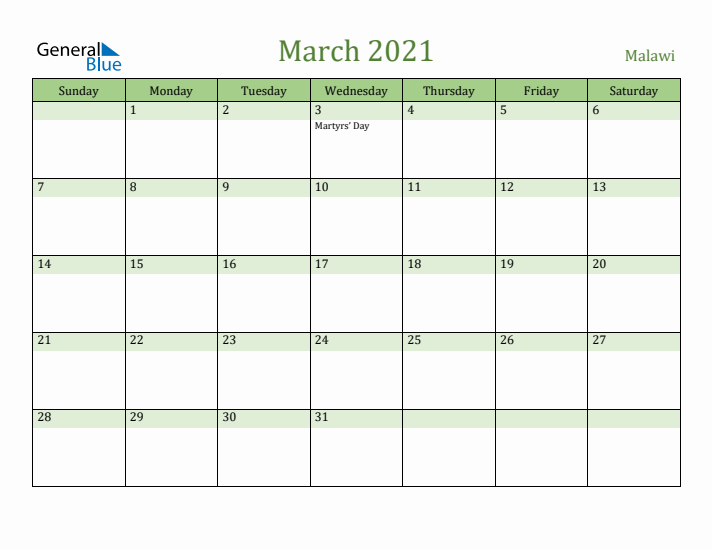 March 2021 Calendar with Malawi Holidays