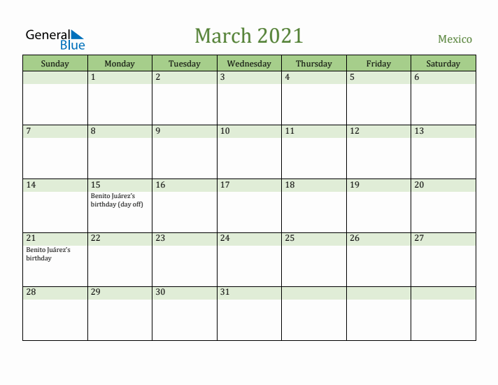 March 2021 Calendar with Mexico Holidays