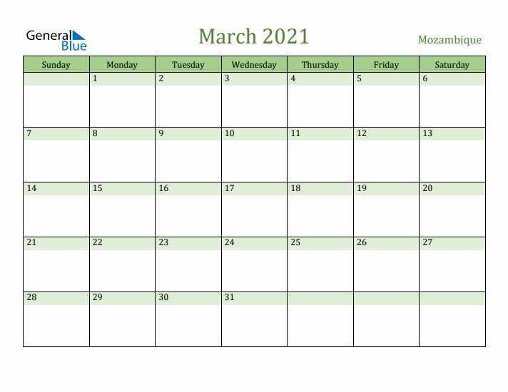 March 2021 Calendar with Mozambique Holidays