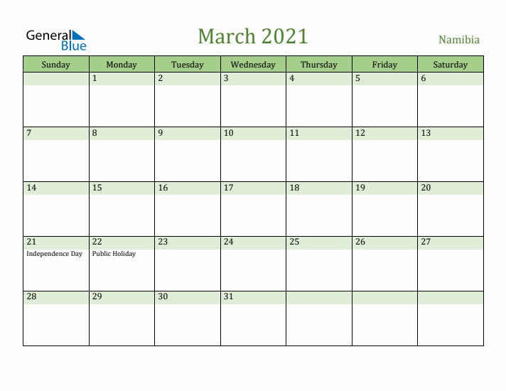 March 2021 Calendar with Namibia Holidays