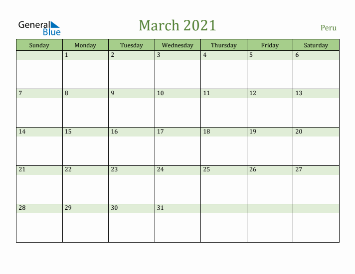 March 2021 Calendar with Peru Holidays
