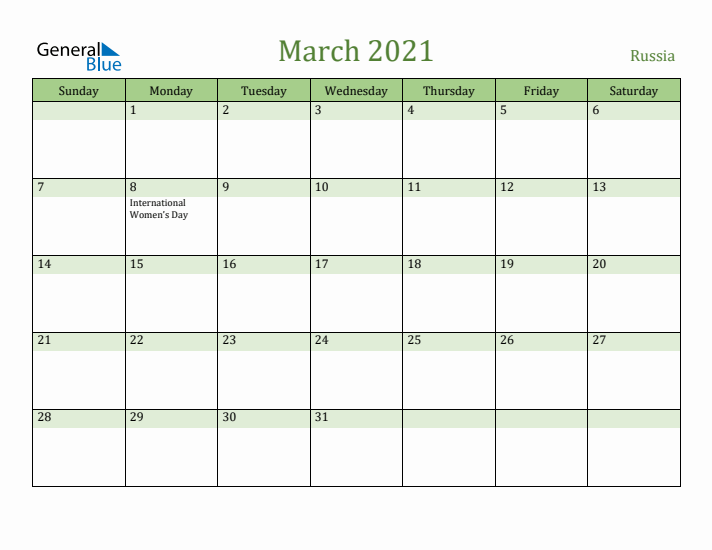 March 2021 Calendar with Russia Holidays