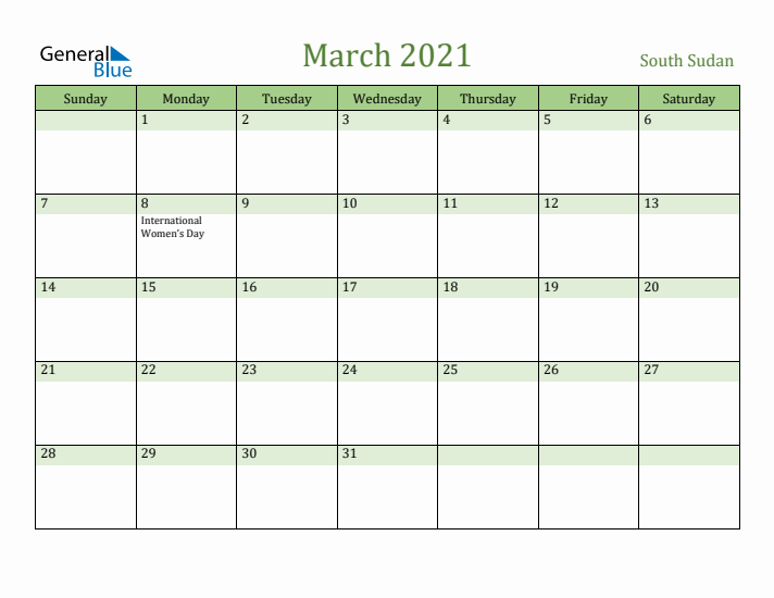 March 2021 Calendar with South Sudan Holidays