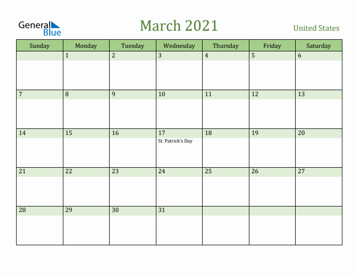 March 2021 Calendar with United States Holidays