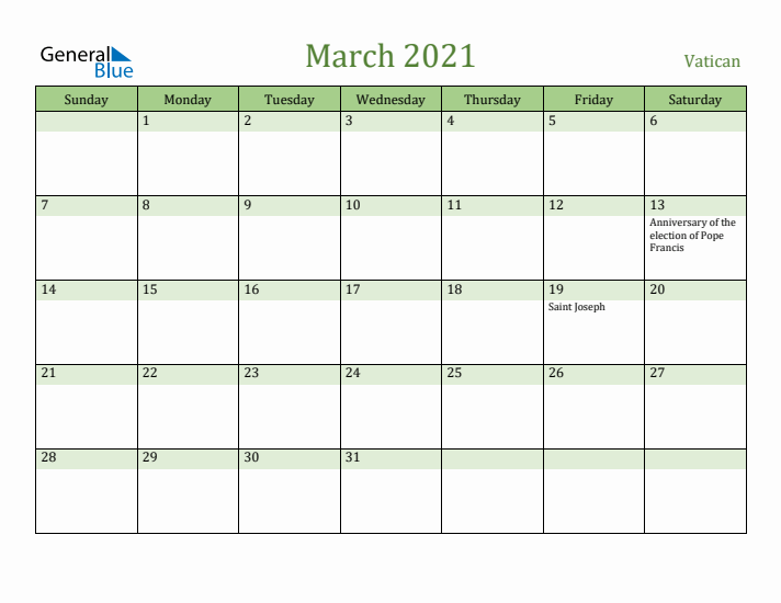 March 2021 Calendar with Vatican Holidays