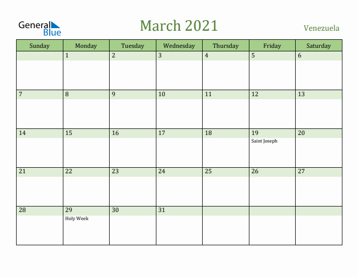 March 2021 Calendar with Venezuela Holidays