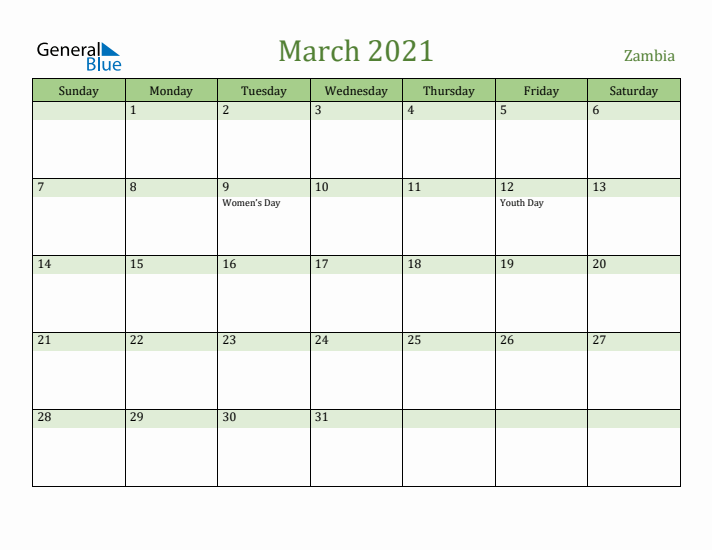 March 2021 Calendar with Zambia Holidays