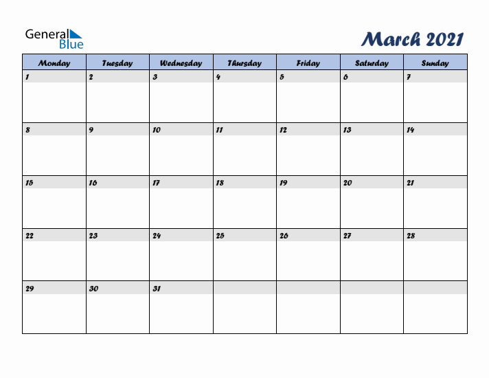 March 2021 Blue Calendar (Monday Start)