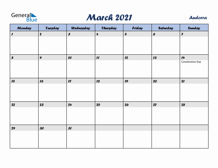 March 2021 Calendar with Holidays in Andorra