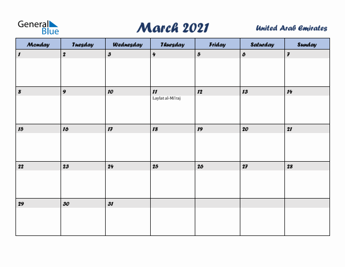 March 2021 Calendar with Holidays in United Arab Emirates