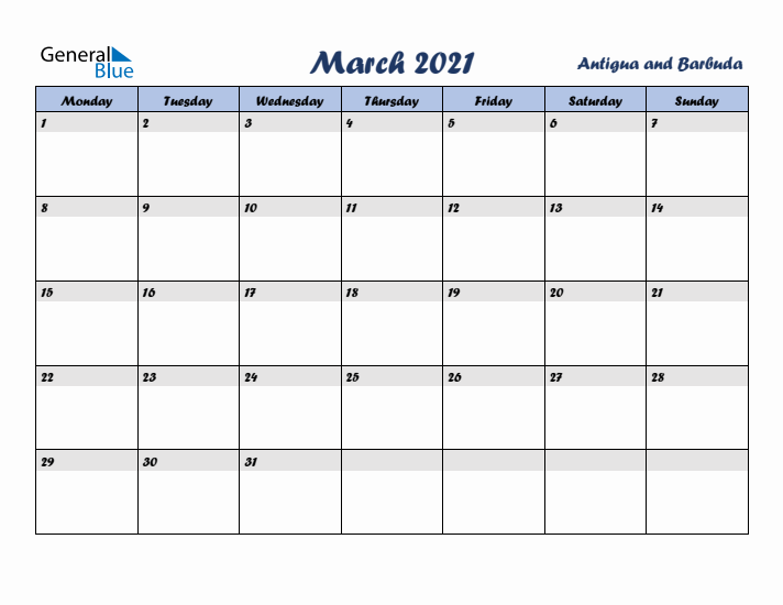 March 2021 Calendar with Holidays in Antigua and Barbuda