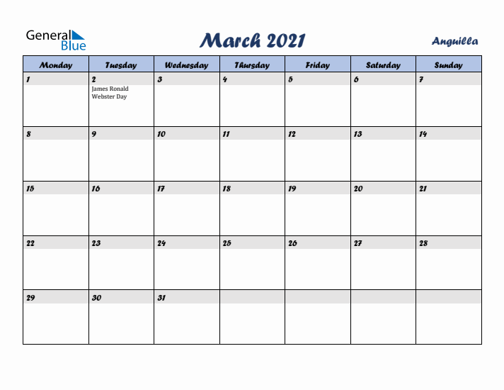 March 2021 Calendar with Holidays in Anguilla