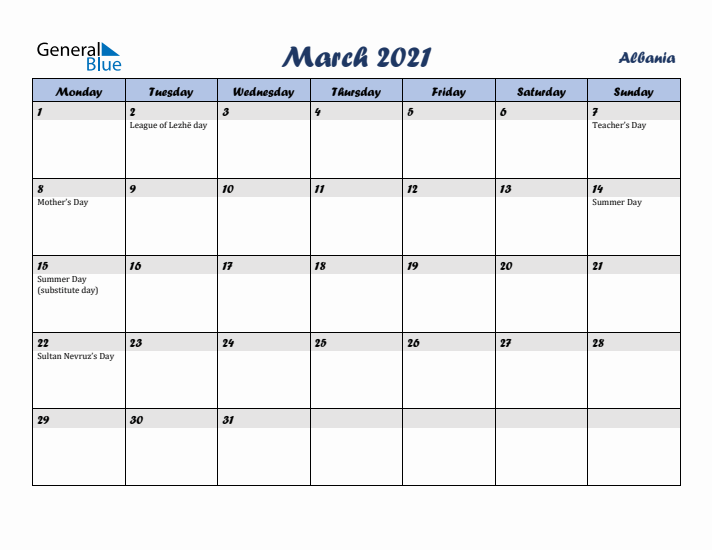 March 2021 Calendar with Holidays in Albania