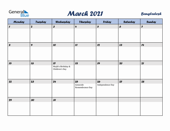 March 2021 Calendar with Holidays in Bangladesh
