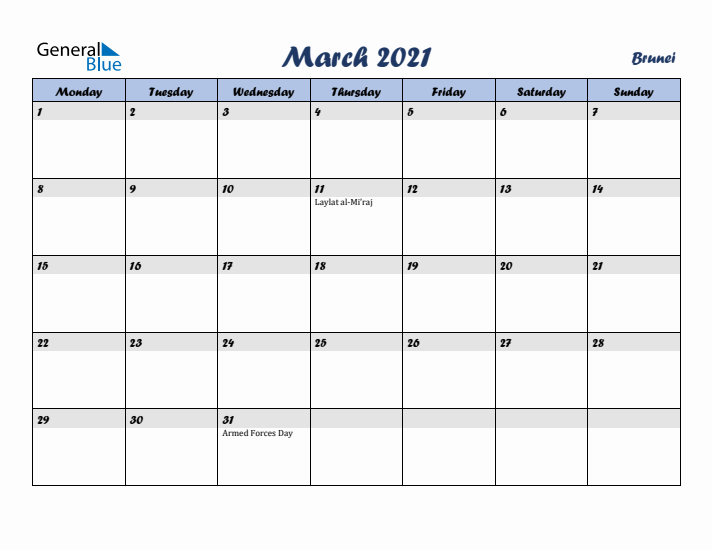 March 2021 Calendar with Holidays in Brunei