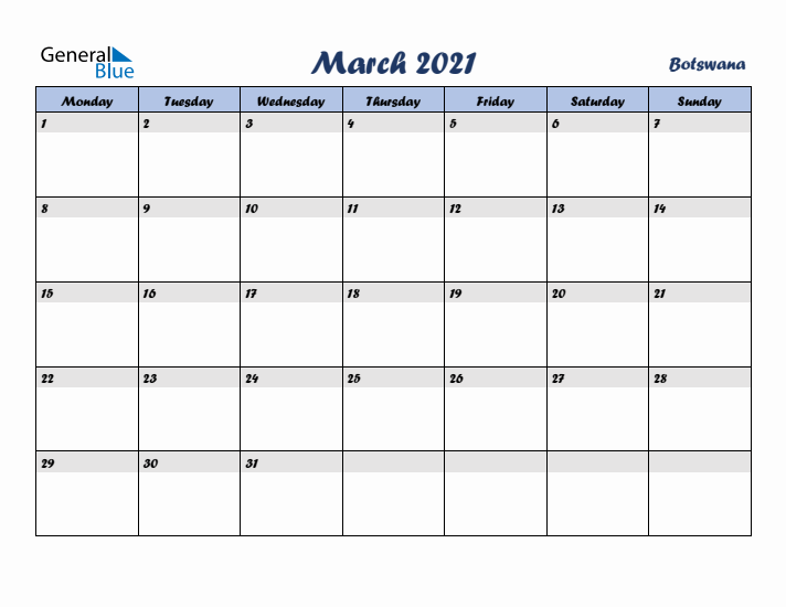 March 2021 Calendar with Holidays in Botswana