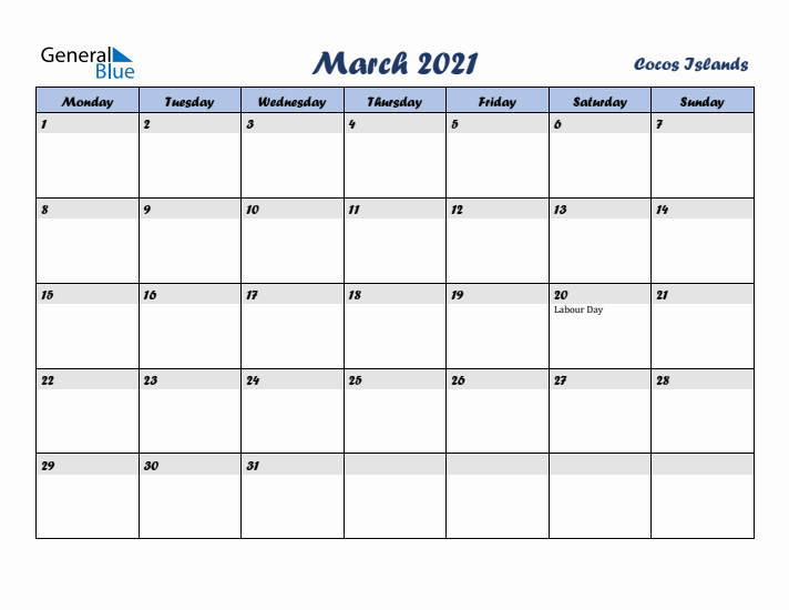 March 2021 Calendar with Holidays in Cocos Islands