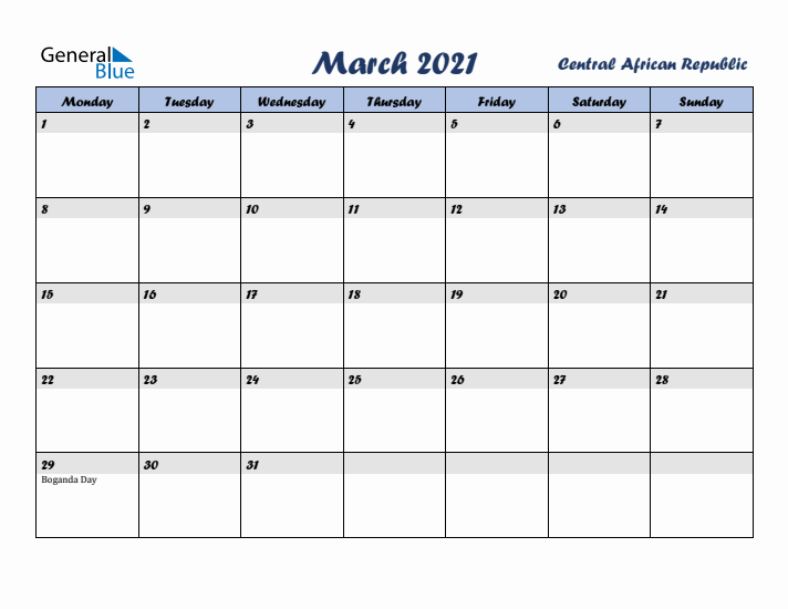 March 2021 Calendar with Holidays in Central African Republic