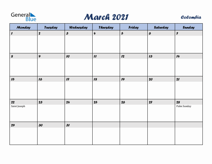 March 2021 Calendar with Holidays in Colombia
