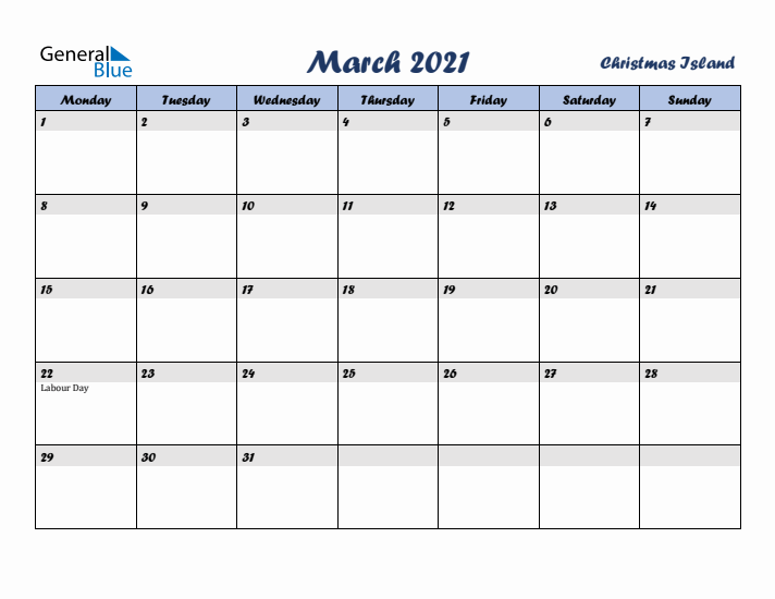 March 2021 Calendar with Holidays in Christmas Island