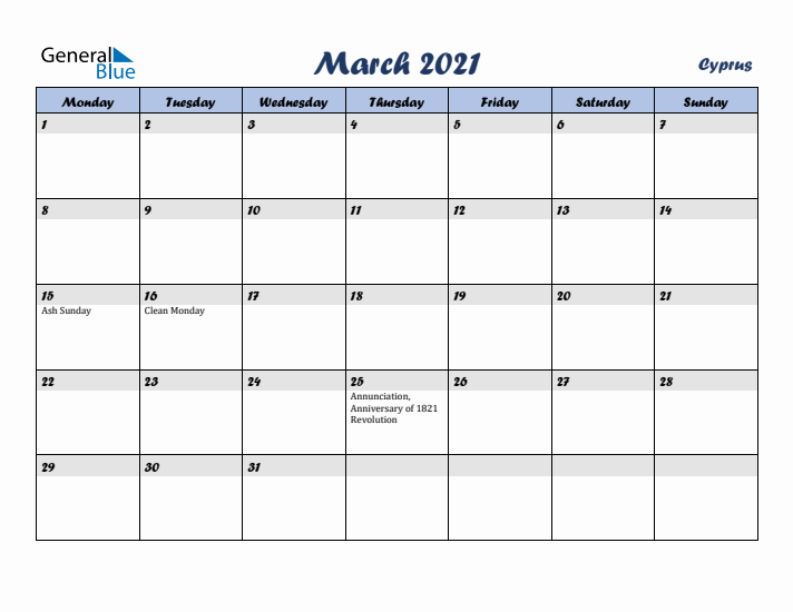 March 2021 Calendar with Holidays in Cyprus