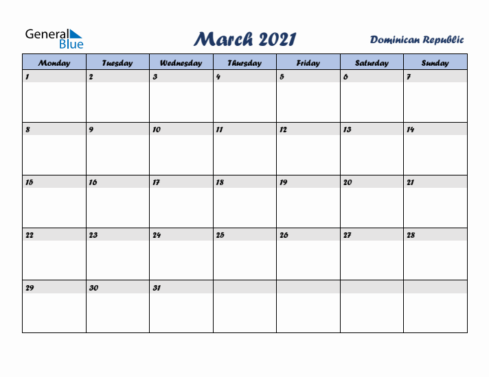 March 2021 Calendar with Holidays in Dominican Republic