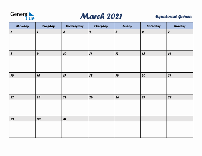 March 2021 Calendar with Holidays in Equatorial Guinea