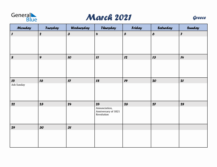 March 2021 Calendar with Holidays in Greece