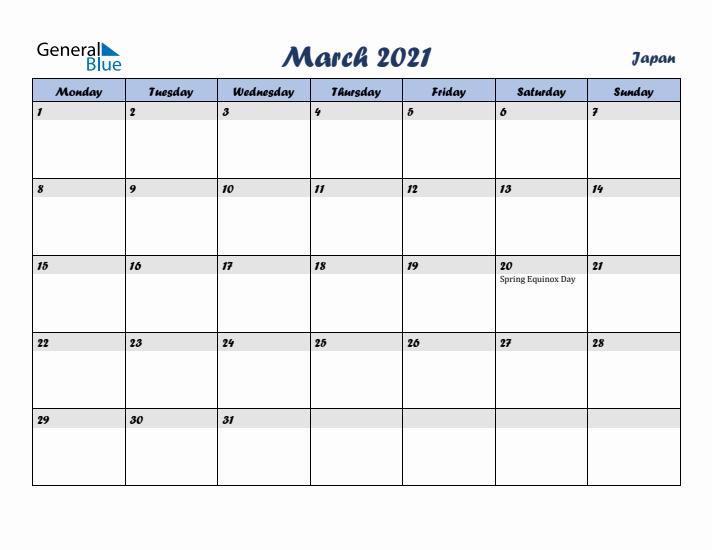 March 2021 Calendar with Holidays in Japan