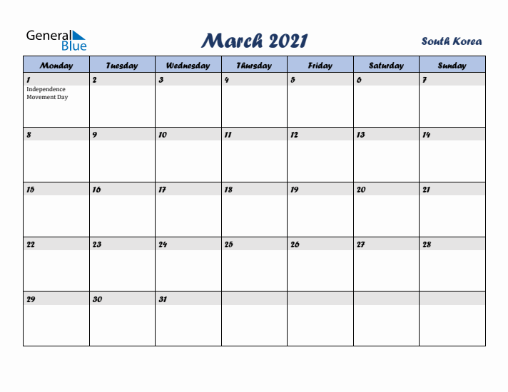 March 2021 Calendar with Holidays in South Korea