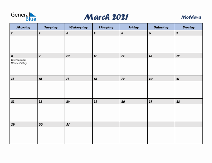 March 2021 Calendar with Holidays in Moldova