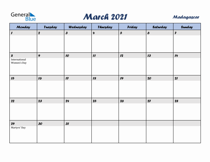 March 2021 Calendar with Holidays in Madagascar