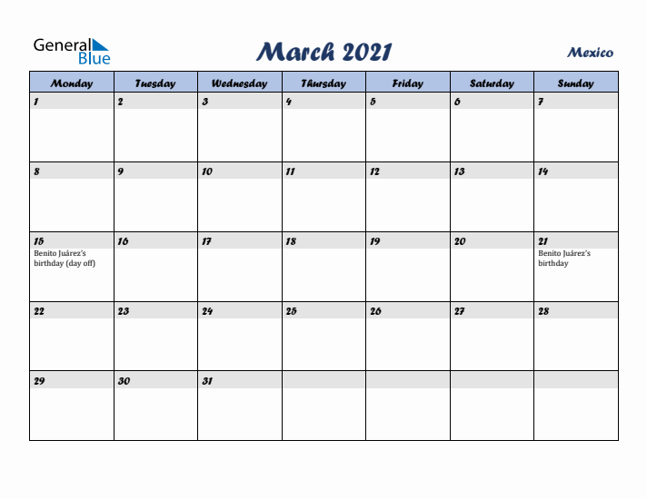 March 2021 Calendar with Holidays in Mexico