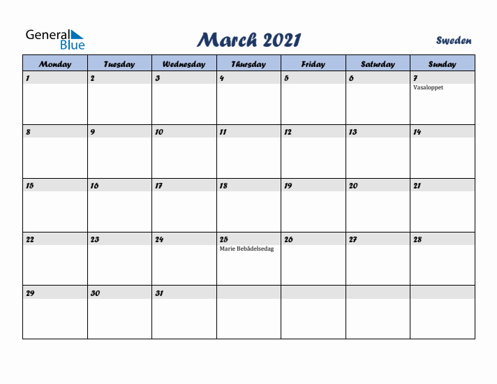 March 2021 Calendar with Holidays in Sweden