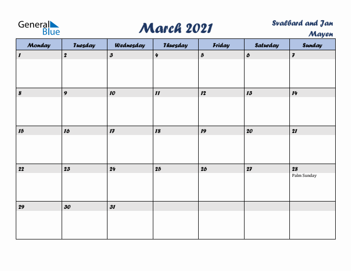 March 2021 Calendar with Holidays in Svalbard and Jan Mayen