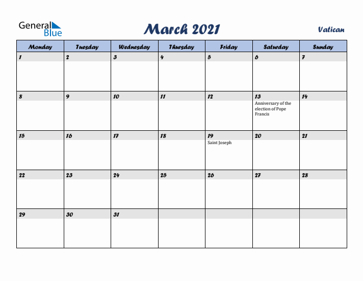 March 2021 Calendar with Holidays in Vatican