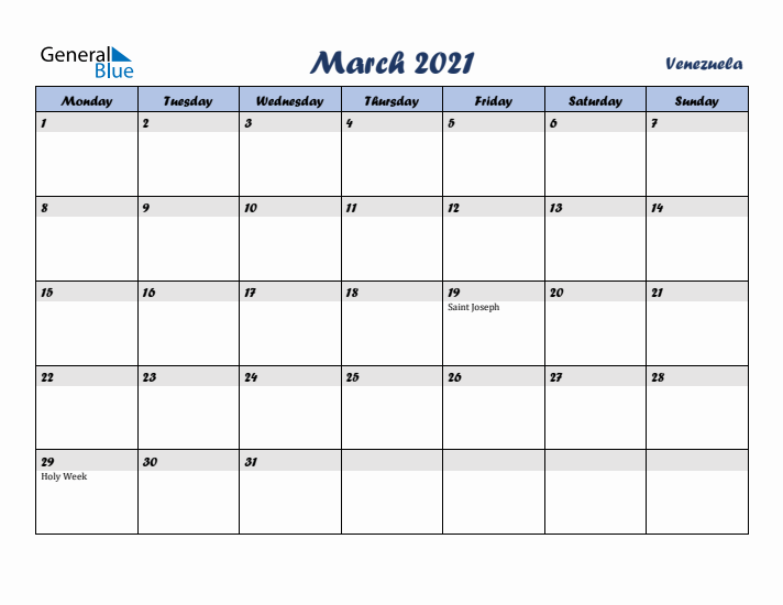 March 2021 Calendar with Holidays in Venezuela