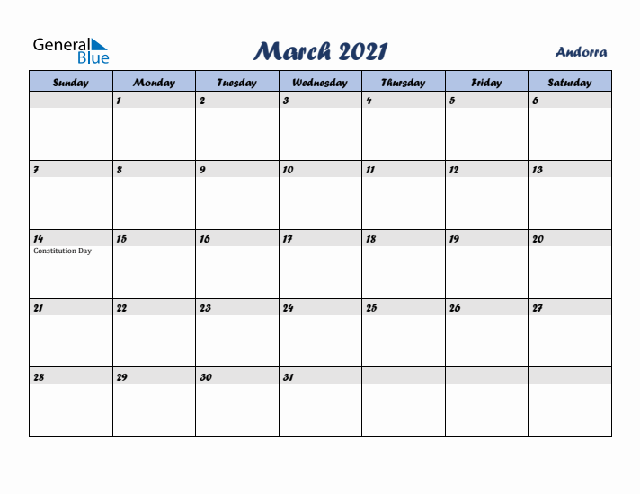 March 2021 Calendar with Holidays in Andorra