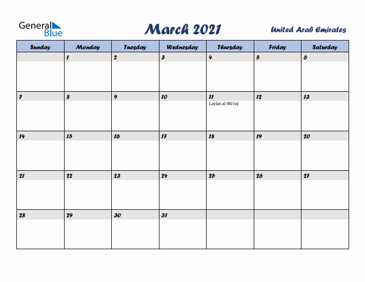 March 2021 Calendar with Holidays in United Arab Emirates