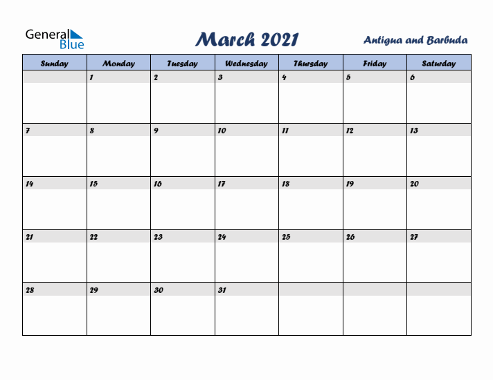 March 2021 Calendar with Holidays in Antigua and Barbuda