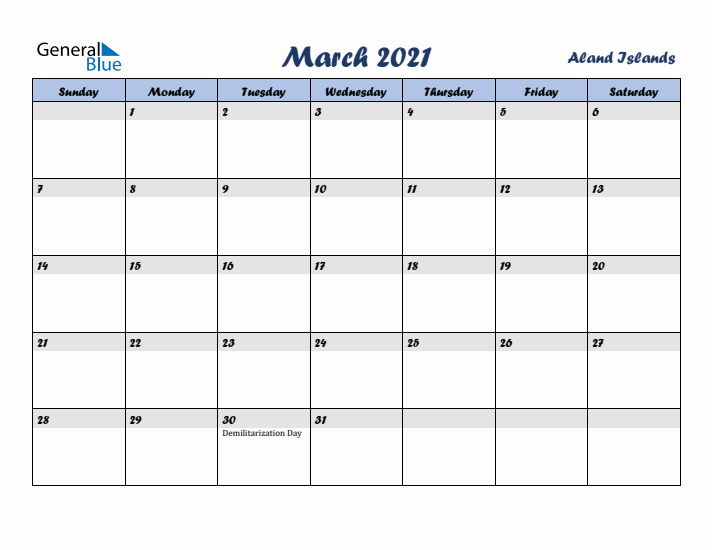 March 2021 Calendar with Holidays in Aland Islands