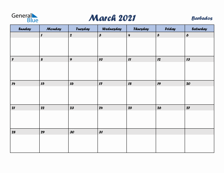 March 2021 Calendar with Holidays in Barbados