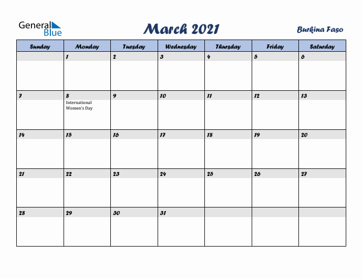March 2021 Calendar with Holidays in Burkina Faso