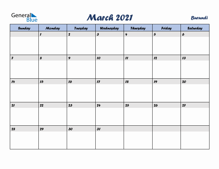 March 2021 Calendar with Holidays in Burundi