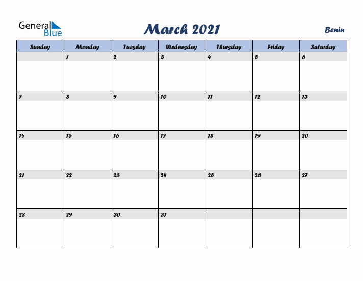 March 2021 Calendar with Holidays in Benin
